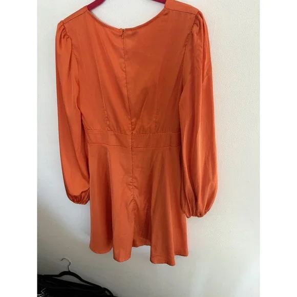 Orange Satin Cutout V-Neck Balloon Sleeve Mini Dress Small Cocktail y2k style - Picture 9 of 9